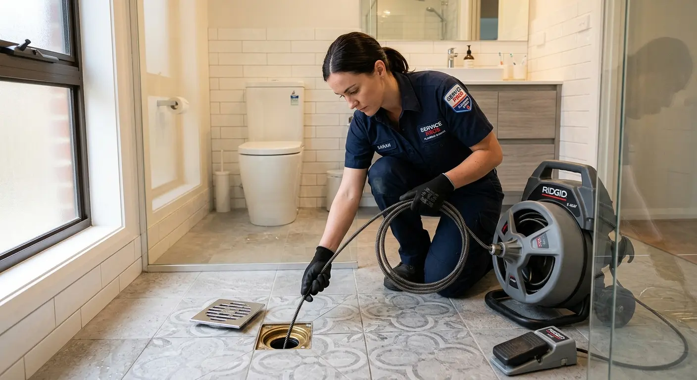 Technician clearing a bathroom floor drain for Sewer Line Replacement in Benton Park